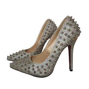 Djiigirls Silver Glitter Spiked Stiletto Heels Pointed Toe Pumps Women's Size 36